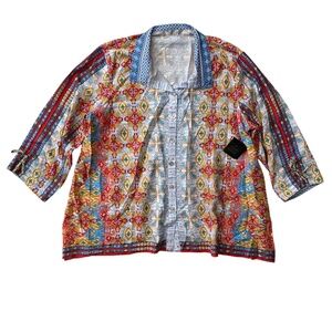 John Mark Nwt Abstract Print Wire Collar 3/4 Sleeve Button Front Top